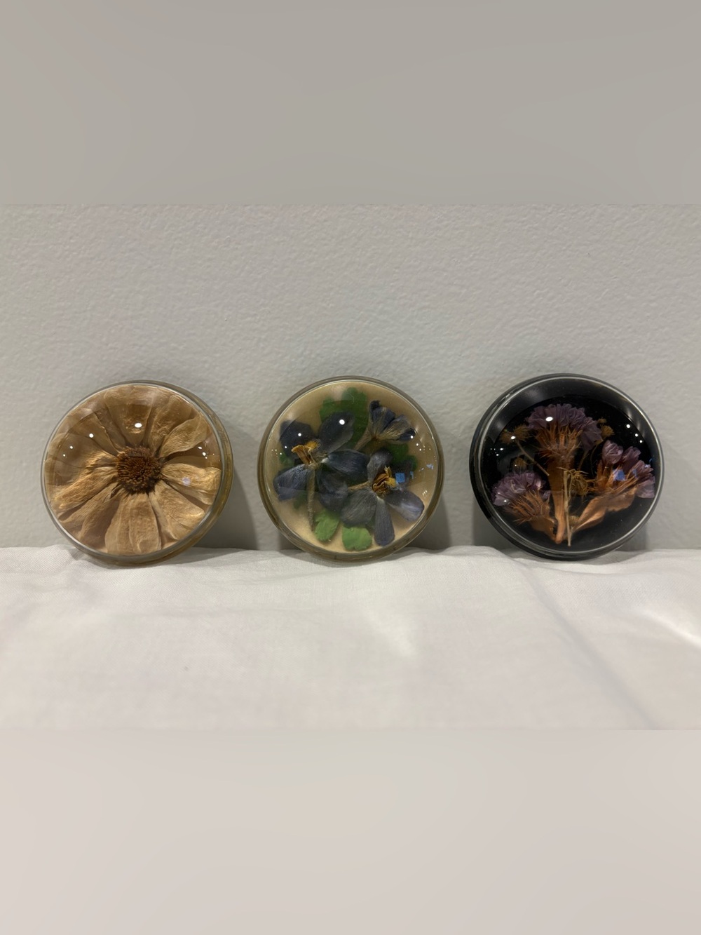 3 Real Dried Flowers Glass Dome Paperweights Heavy Handmade 3” Vintage